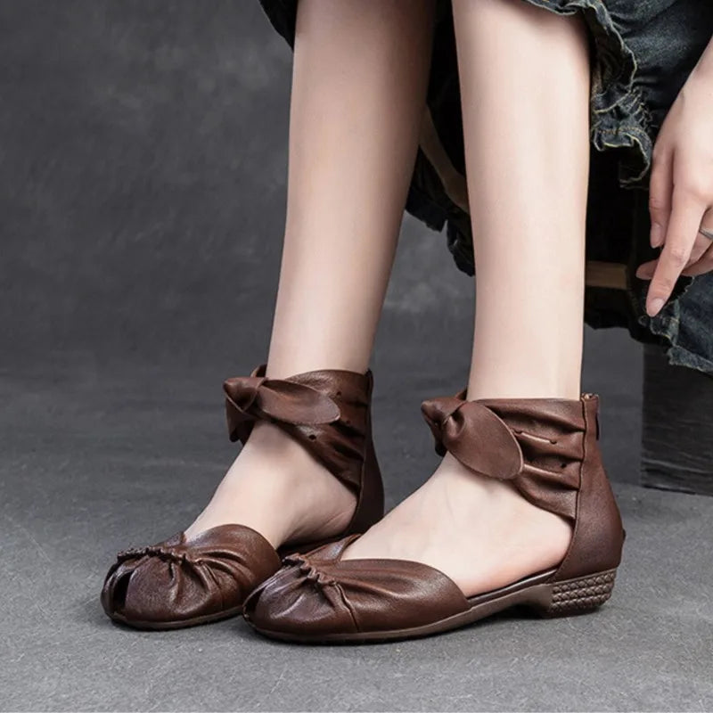 Genuine Leather Breathable Low Heel Peep Toe Sandals for Women