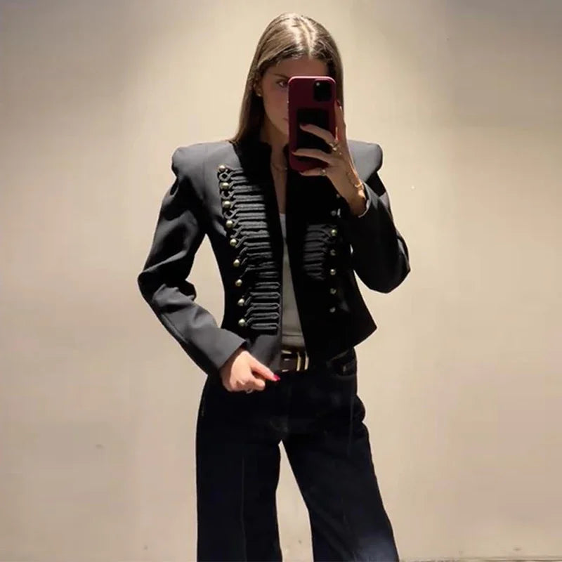 Chic Shoulder Padded Stand Collar Full Sleeve Blazer for Women