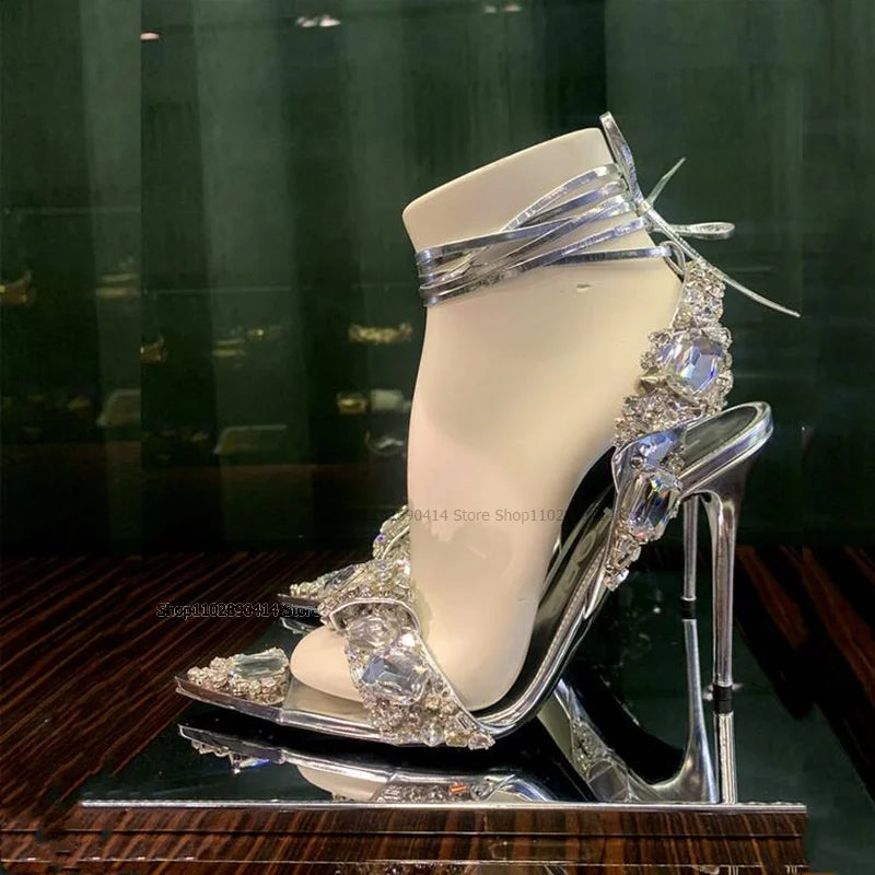 Green Open Toe Sandals With Back Strap And Crystal Detail For Women