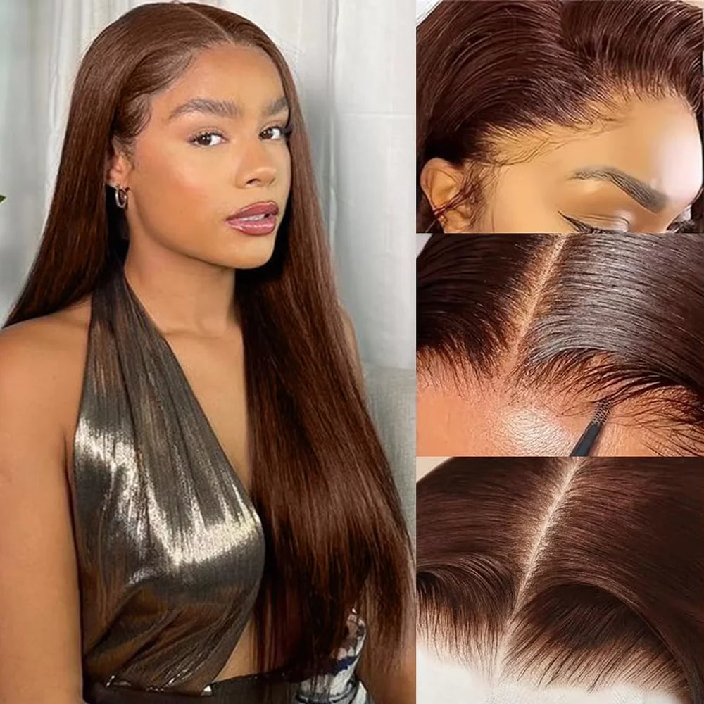 Chocolate Brown Straight Lace Front Human Hair Wigs For Women
