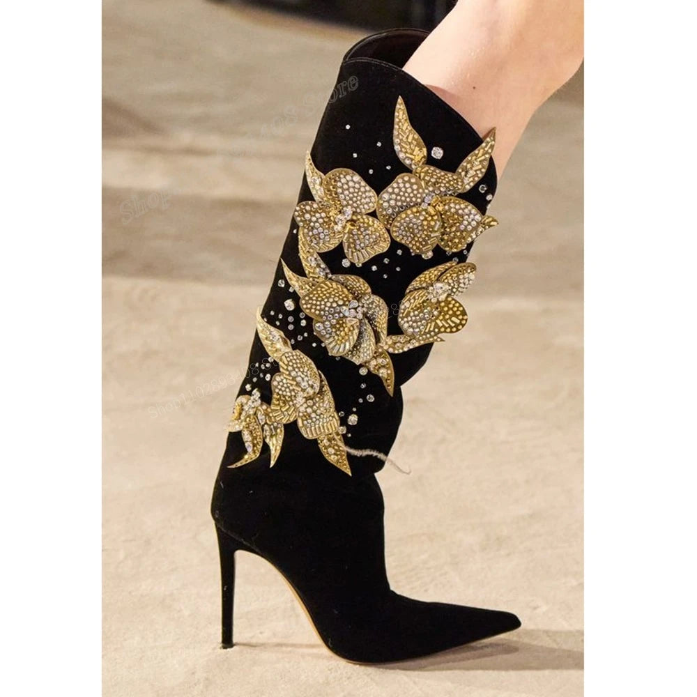 Black Suede Crystal Butterfly Knee High Boots For Women