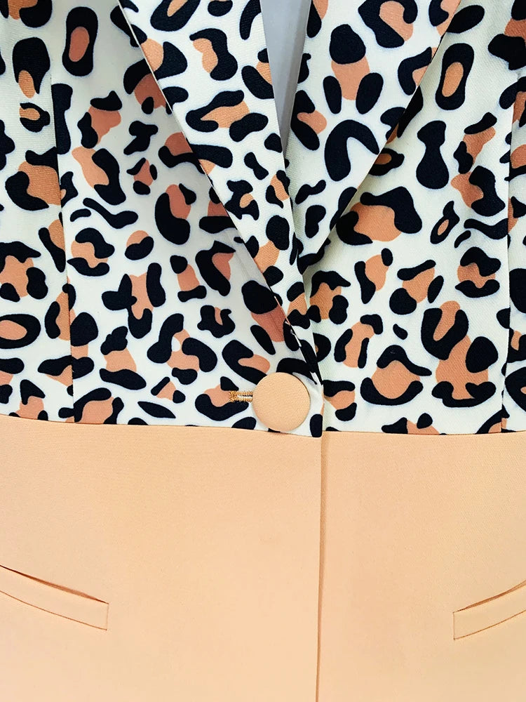 HIGH STREET Newest Fashion 2026 Designer Suit Set Women's Single Button Leopard Printed Color Block Blazer Flare Pants Suit