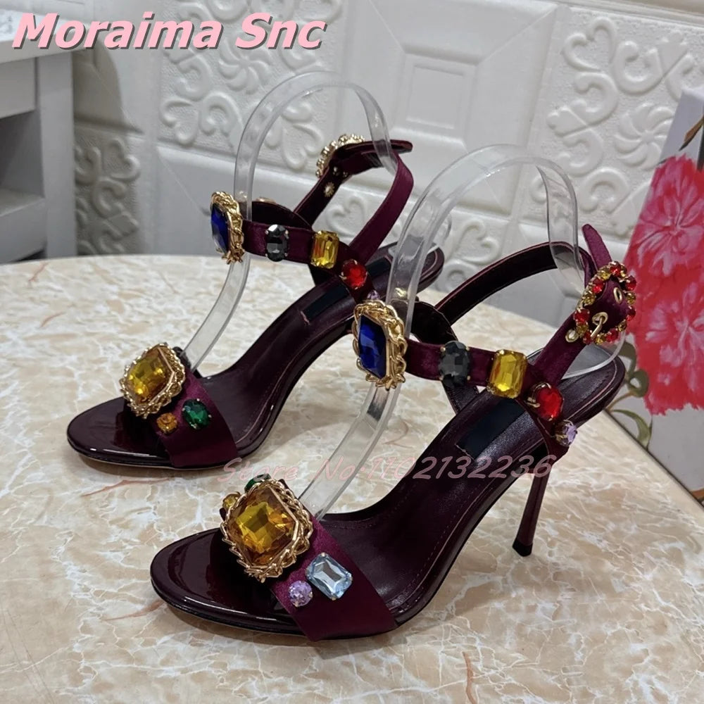Elegant Satin Crystal Buckle Strap Square Heel Sandals for Women