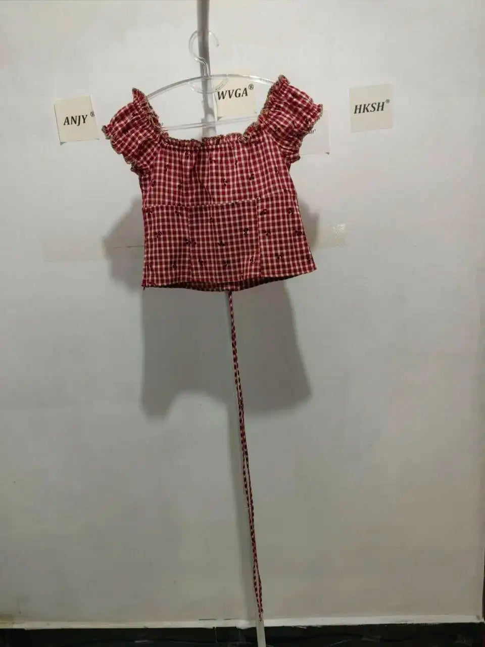 ANJY Spring Summer New Women Fashion Vintage Plaid Patchwork Denim Multi-layered Skirt Sweet Drawstring Short Sleeve Tops A24530