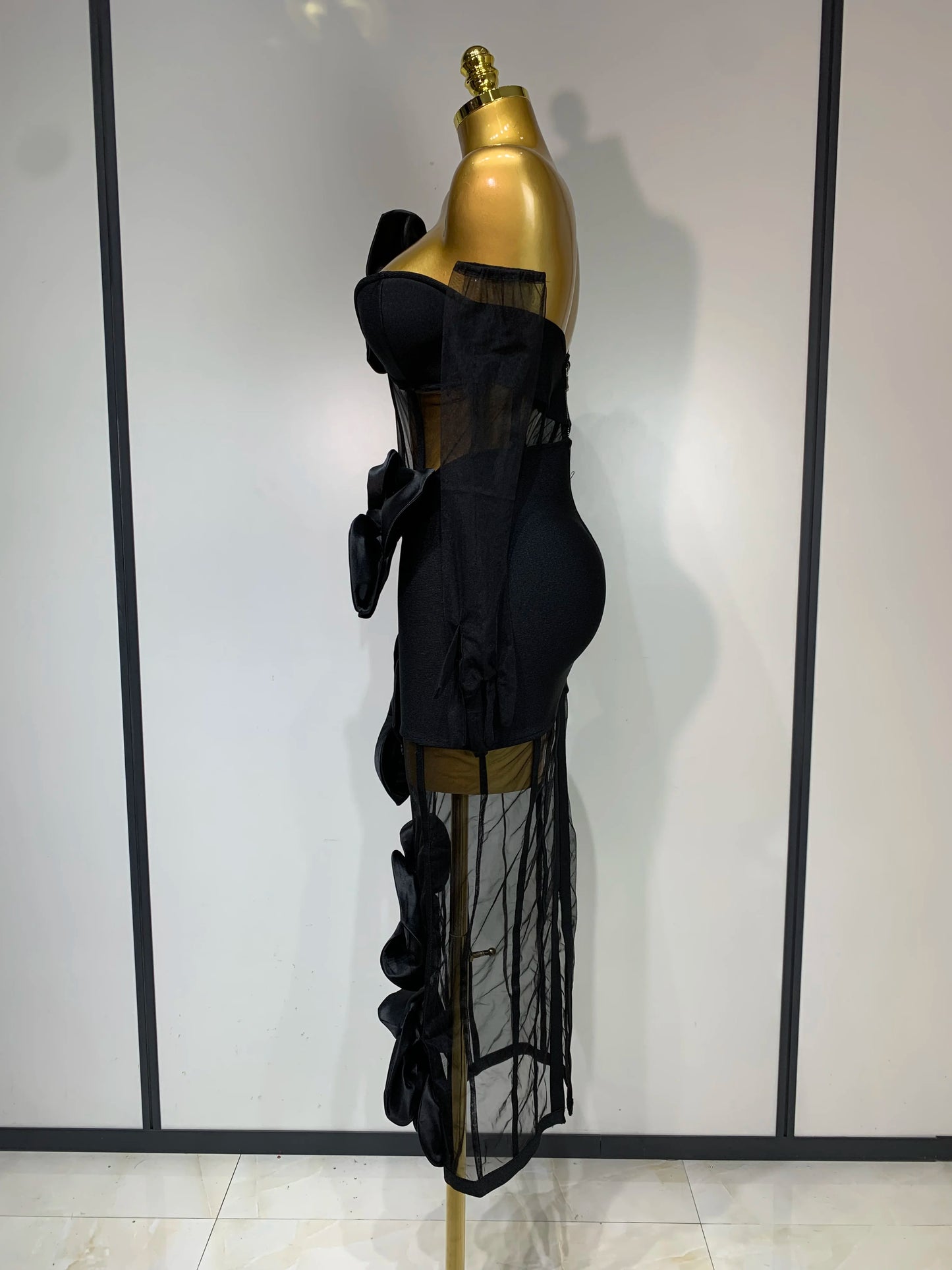 Women Sexy One Shoulder Bow Mesh See Through Bandage Bodycon Dress With Gloves Black Sleeveless Elegant Party Birthday Dresses