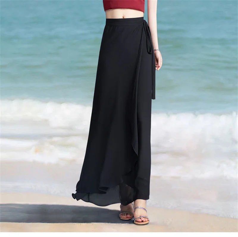 Lace-Up Summer Skirt Holiday style Chiffon Halfskin Skirt Women's 2023 Summer New Thin Dropping Long Wrapped Hip Skirt Khaki Bla