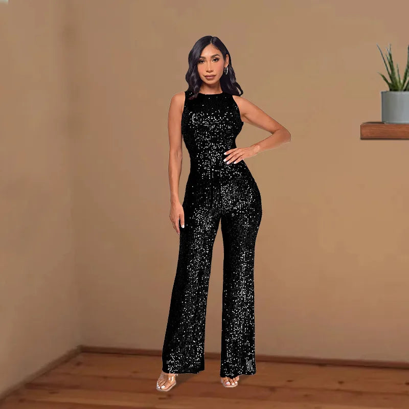 Elegant Silver Sequined Straight Cut Jumpsuit for Women