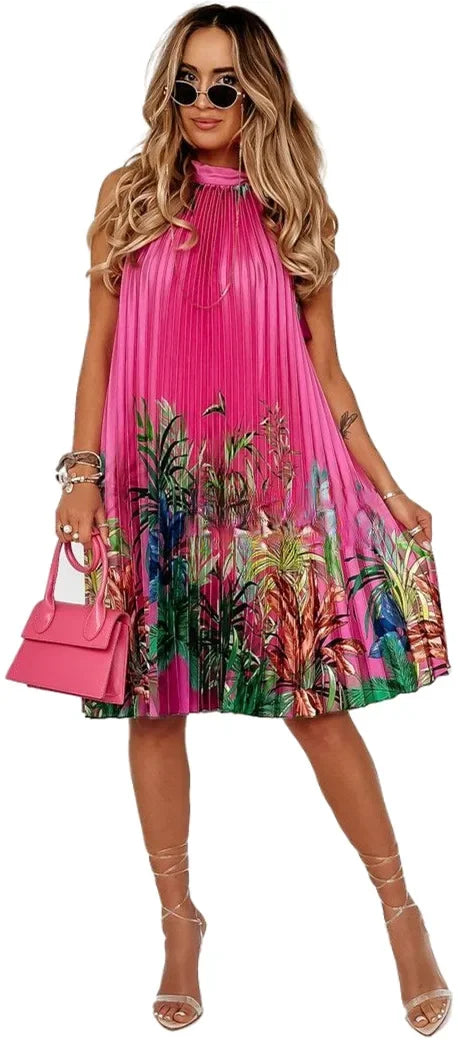 Wmstar Women Dress Lady Casual Loose Halter Pleated Maxi Fashion Leaf Print Sleeveless Beach Boho Elegant Halter Long Dresses