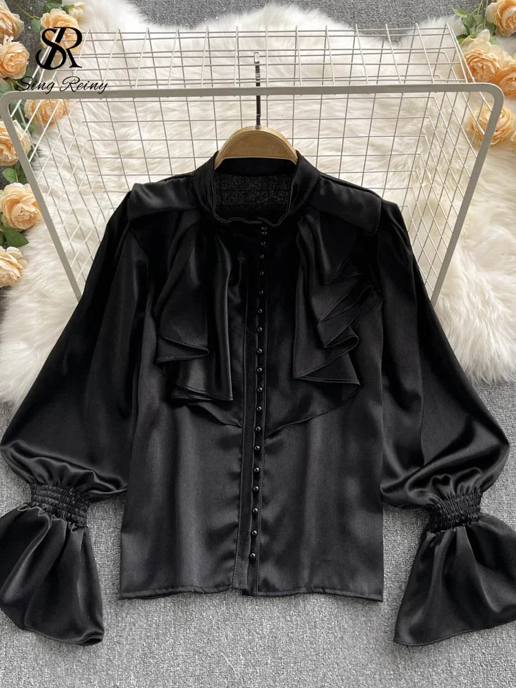 Elegant Satin Ruffle Long Sleeve Blouse for Women