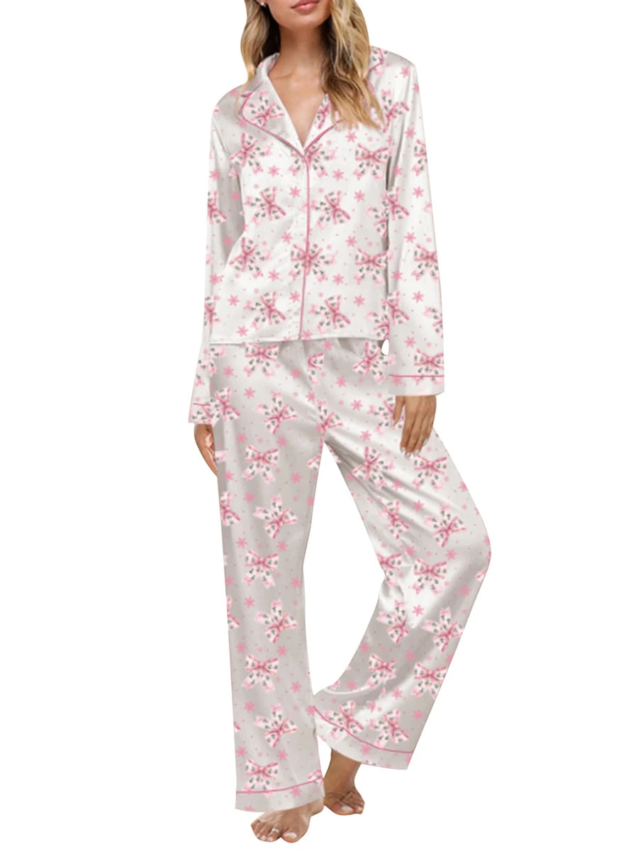 Women'S Autumn  Winter Clothing Christmas Elements Cute Bow Print Long Sleeved Shirt  Elastic Pants 2PCS Street Wear Home Wear