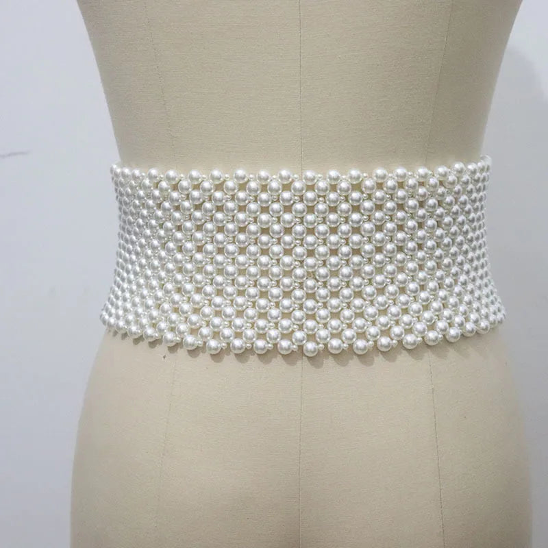 Pearl Rhinestone Elastic Waist Chain Belt for Women