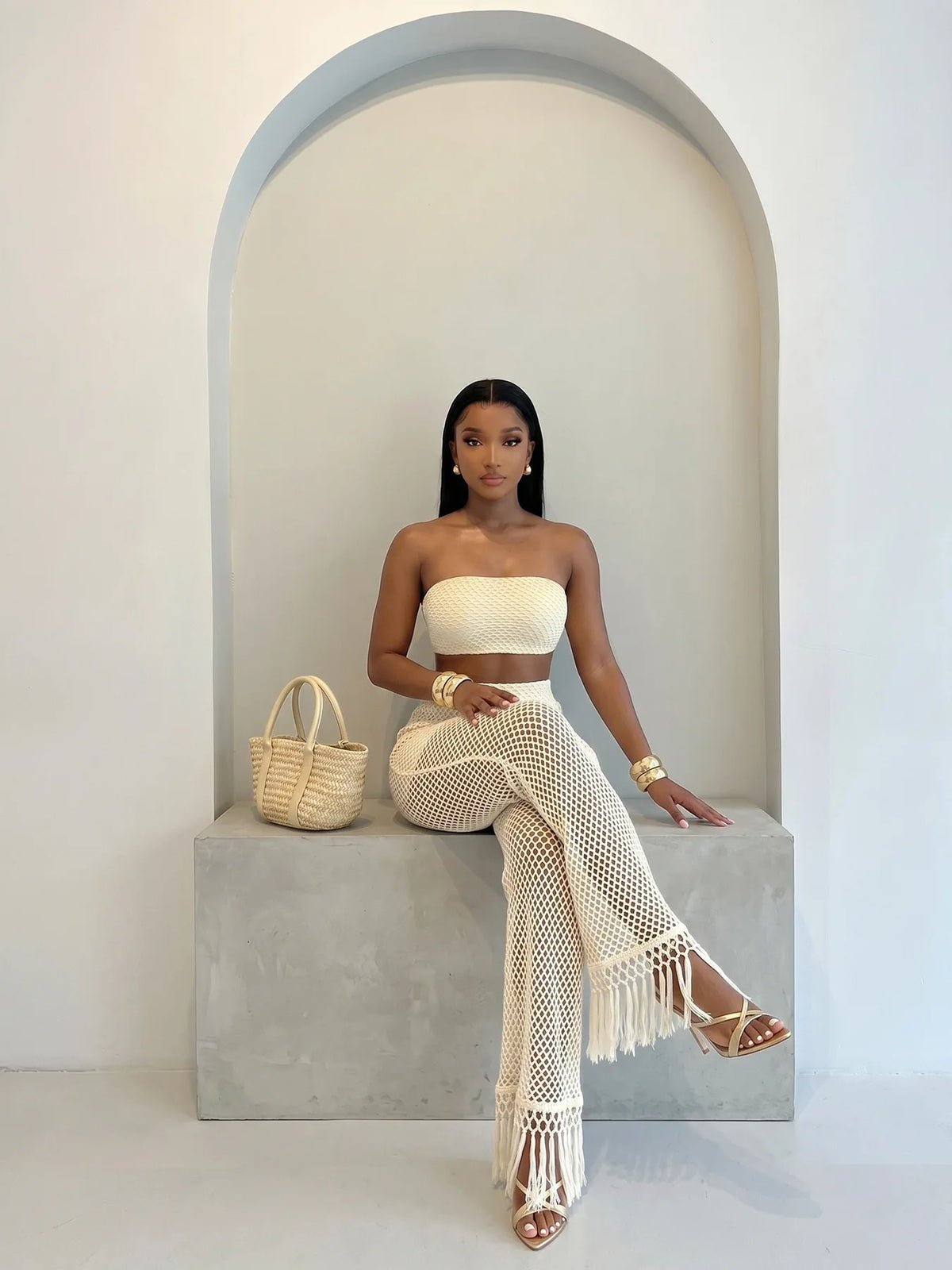 Crochet Bandeau Top and Tassel Wide Leg Pants Set for Women