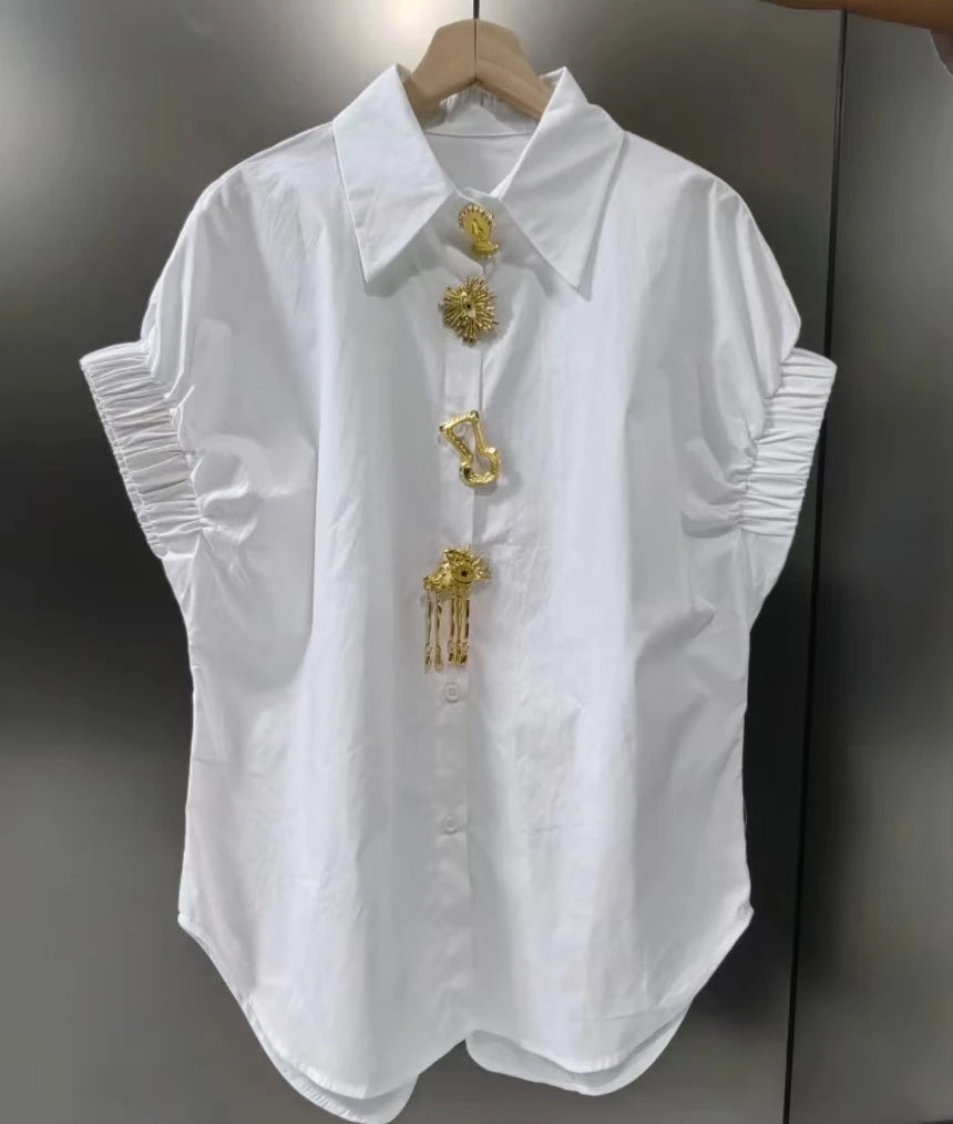 Removable Sequins Short Sleeve Blouse Black White for Women