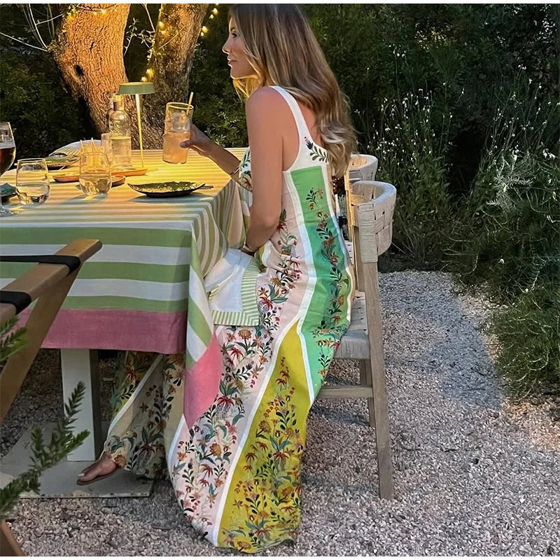 Sweetheart Neckline Floral Print Linen Blend Maxi Dress For Women