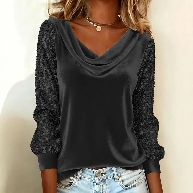2026 Spring Vintage Solid Soft Velvet Shirt Woman Elegant Pile Collar Draped Tops Pullover Autumn Long Sleeve Sequin Blouse Tees