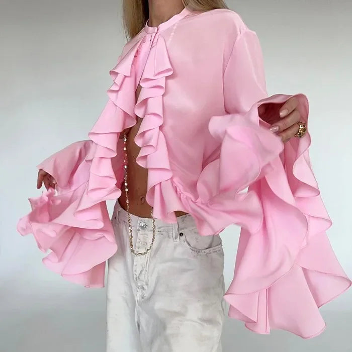 Elegant Blouses Women Fashion Sexy Hot Girl Ruffle Long Sleeve Shirt New Style Temperament Cardigan Top Y2k 2025 Summer New