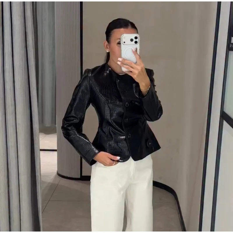 Slim Fit Single Breasted Faux Leather Jacket for Women