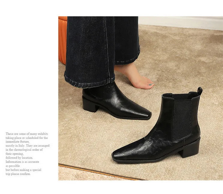 Black Pointed Toe Block Heel Ankle Boots