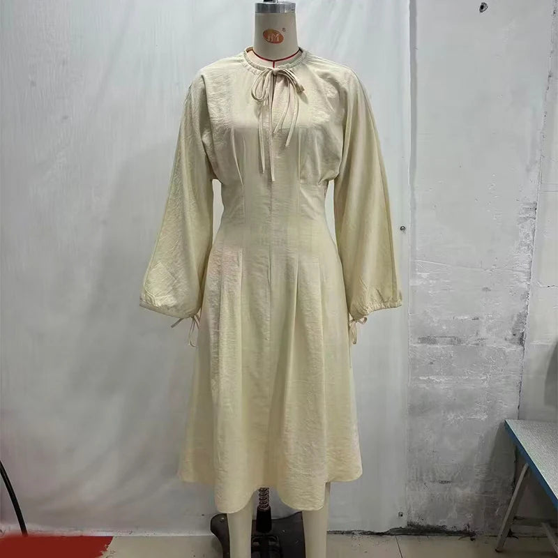 Lace Up Pleated Lantern Sleeve Midi Dress for Women