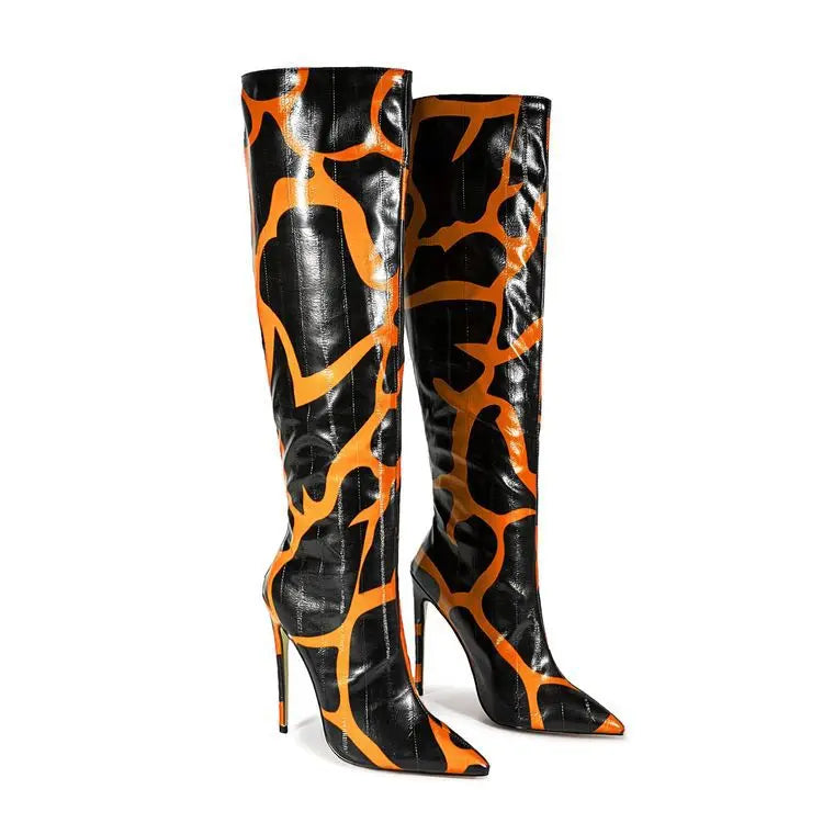 Fashion Stretch Back Zipper Stiletto Pointed Toe Knee High Boots for Women