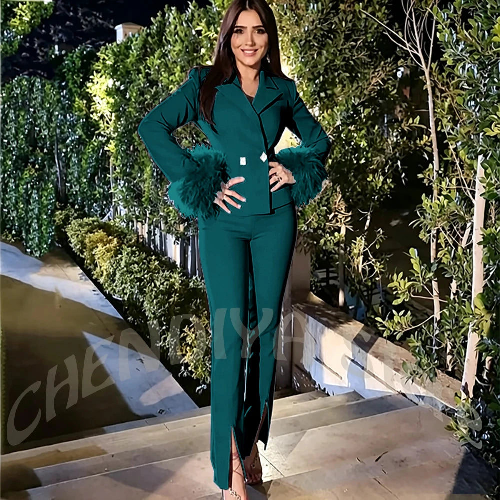Luxury Feather Women's Suit Sim Fit Peak Lapel Jacket Pants with Split Fashion Outfit for Office Lady Party Business Wear