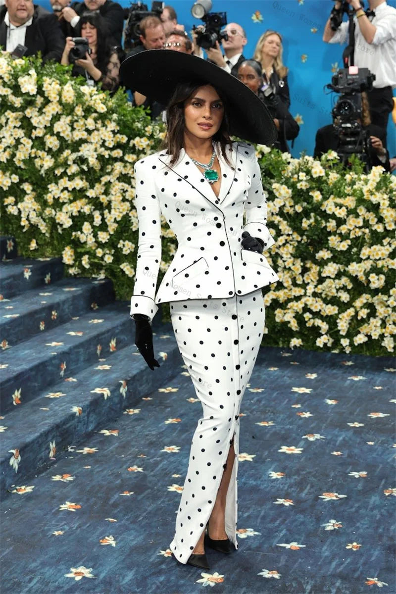 Classic White Polka Dot Two Piece Blazer Skirt Set For Women