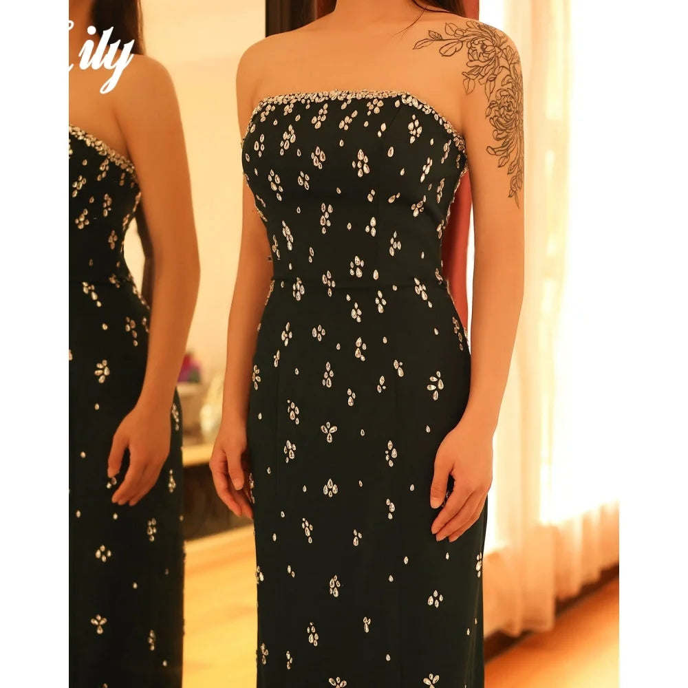 Lily Black Formal Gown Strapless Sleeveless Evening Gown with Pleats Satin and Glitter Crystals Trumpet Party Dress Customized