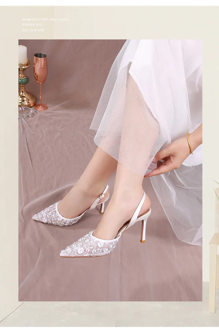 Elegant Floral Lace Back Strap High Heel Sandals for Women