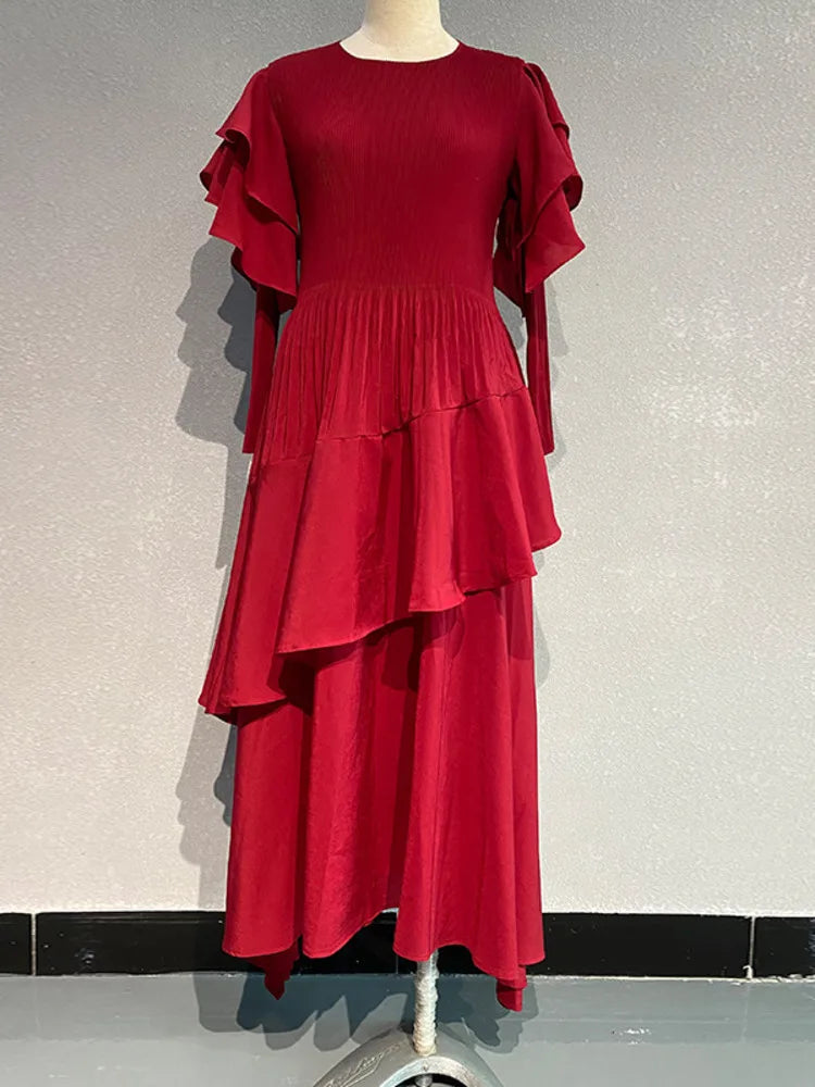 Pleated Tiered Long Sleeve Maxi Dress