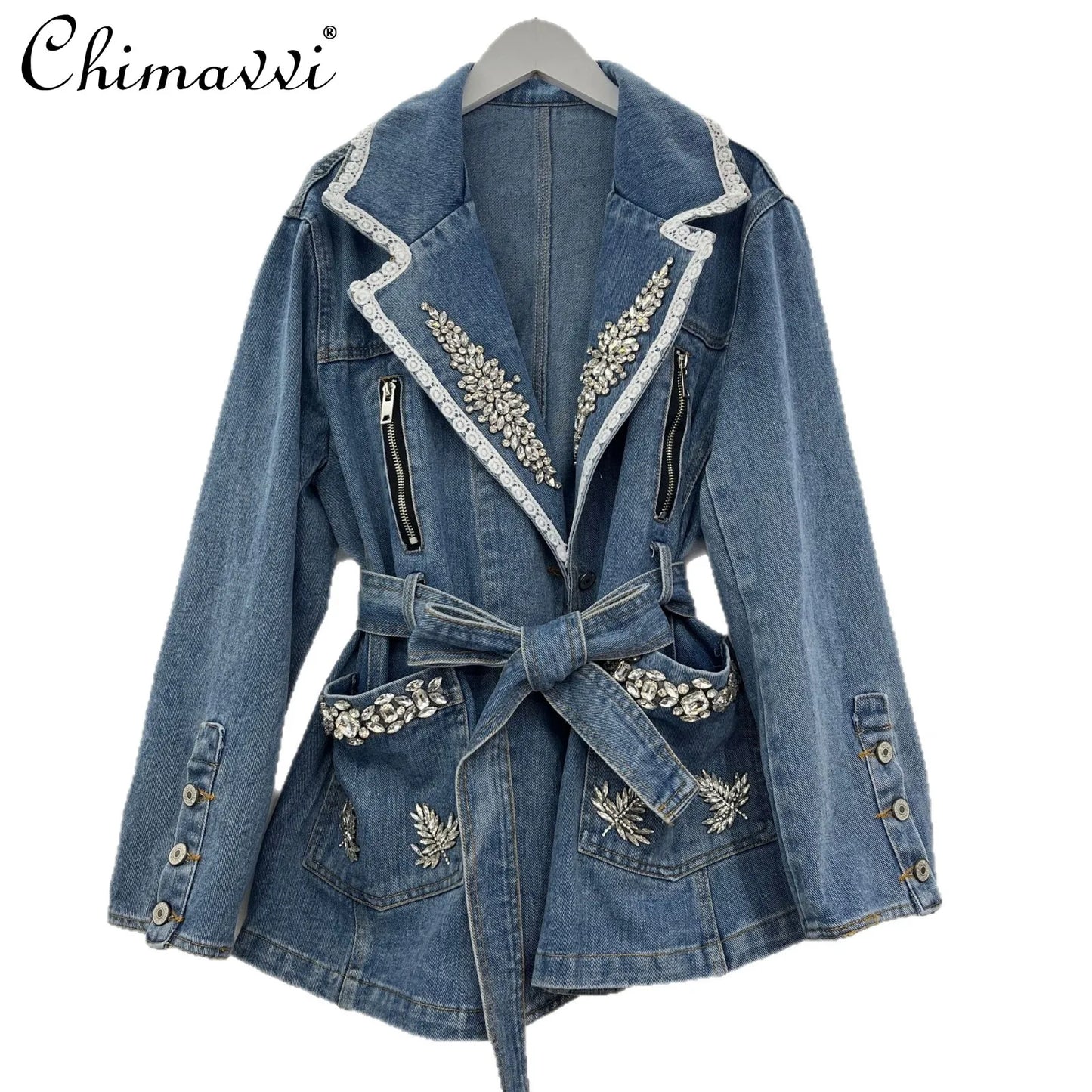 2026 Spring New Heavy Beaded Denim Jacket for Women Fashion Loose-fit Long-sleeve Streetwear Cinched Waist Denim Coat Tops