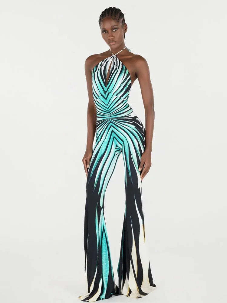 Striped Halter Neck Slim Fit Flare Leg Jumpsuit for Women
