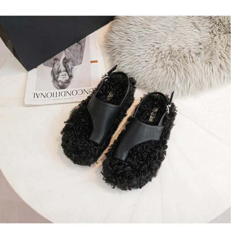 Cozy Plush Buckle Strap Flat Toe Slippers for Women
