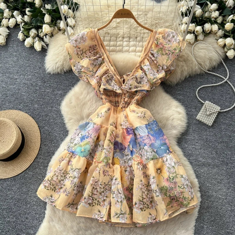 Boho Summer Floral Ruffle Cutout Mini Dress for Women