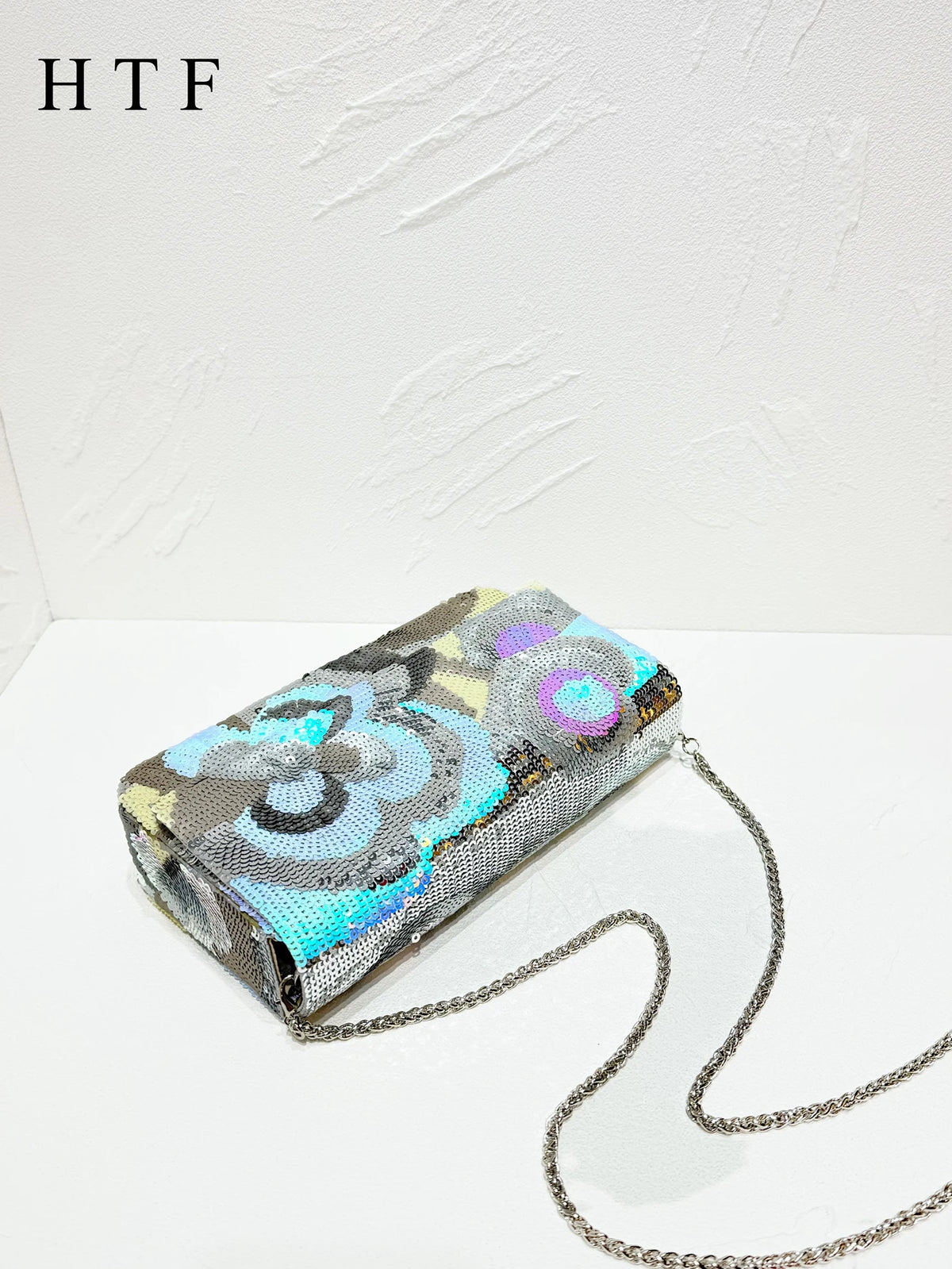 Sequin Floral Embroidered Clutch Bag With Chain for Women