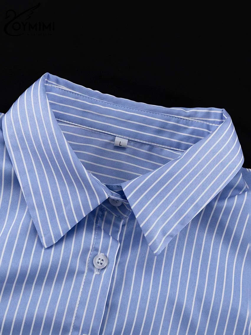 Oymimi Elegant Blue Striped Print Sets For Women 2 Pieces Fashion Long Sleeve Button Crop Tops And High Waist Pleated Skirts Set