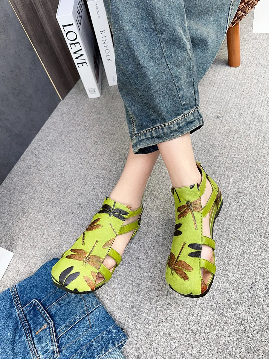 Flat Printed Genuine Leather Roman Sandals for Women