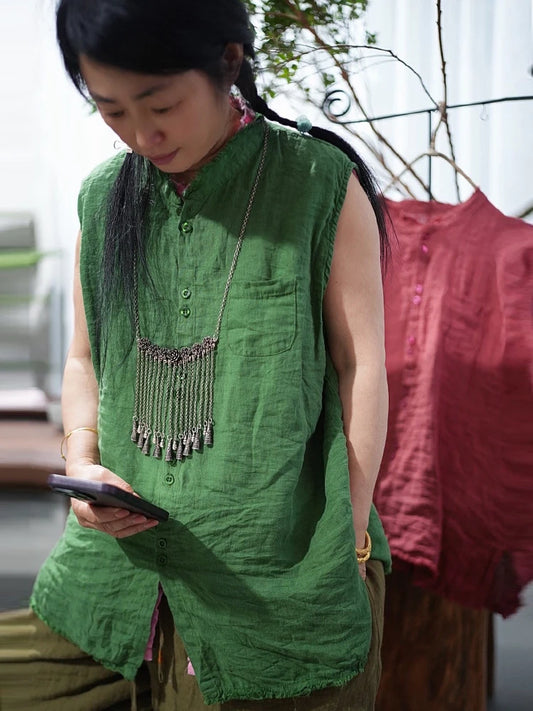 Stand Collar Linen Sleeveless Shirt For Women