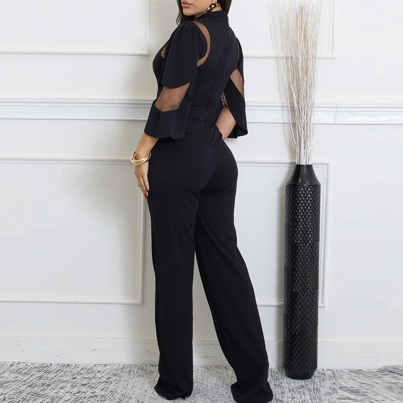 Office Lady O-neck Short Sleeved Romper Fashion Party Solid Color Long Pants Playsuit Mesh Splicing High Waist Straight Jumpsuit