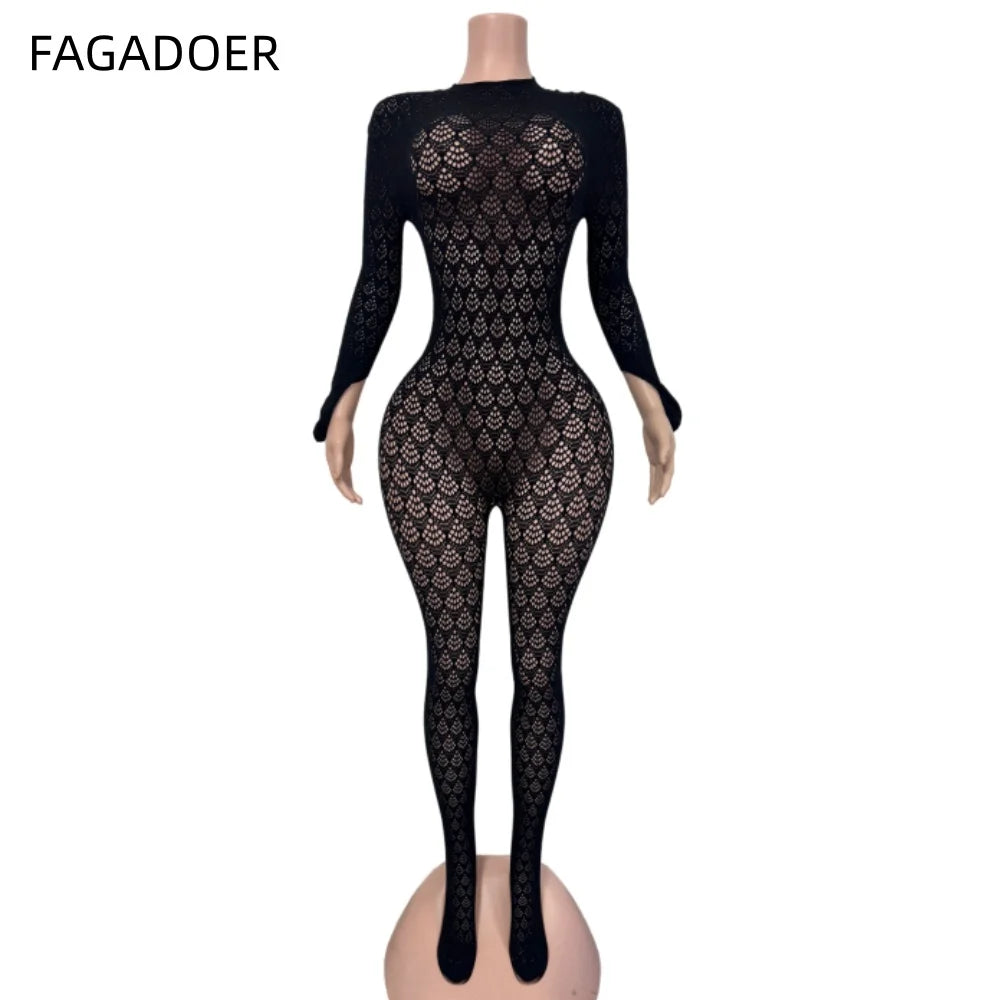 See Through Lace Hollow Out Patchwork Bodycon Jumpsuit for Women