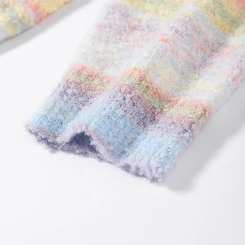 Colorful Rainbow Stripe Hooded Knit Cardigan for Women