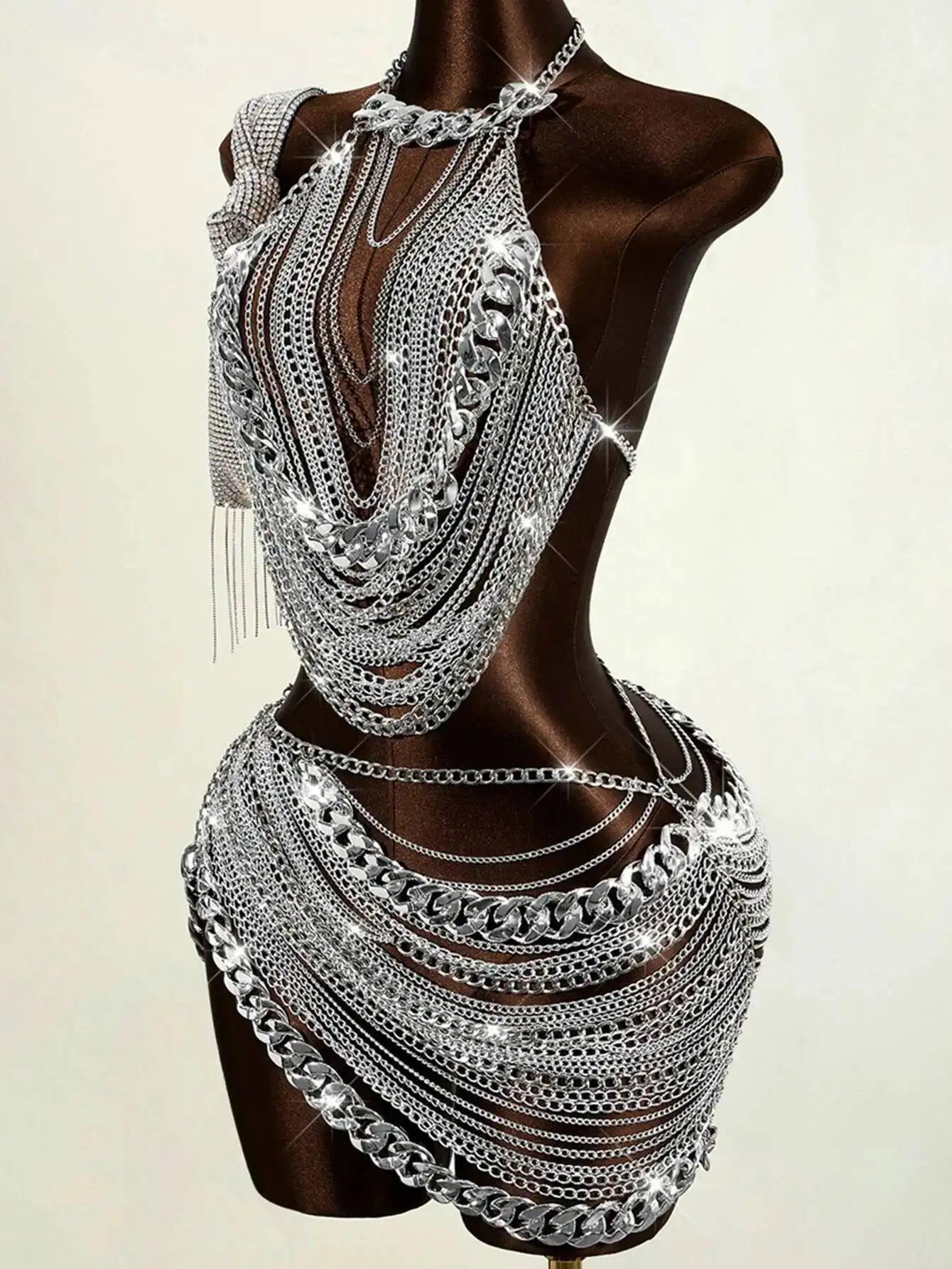 Sheer Metal Chain Dress with Backless Detail for Women