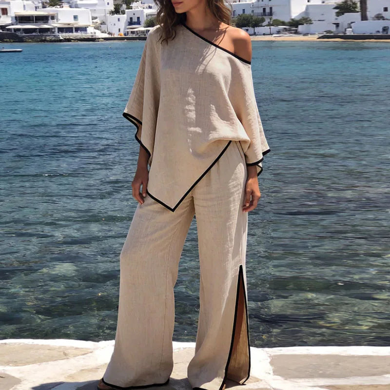 Asymmetrical Bat Sleeve Top And Pants Set for Women