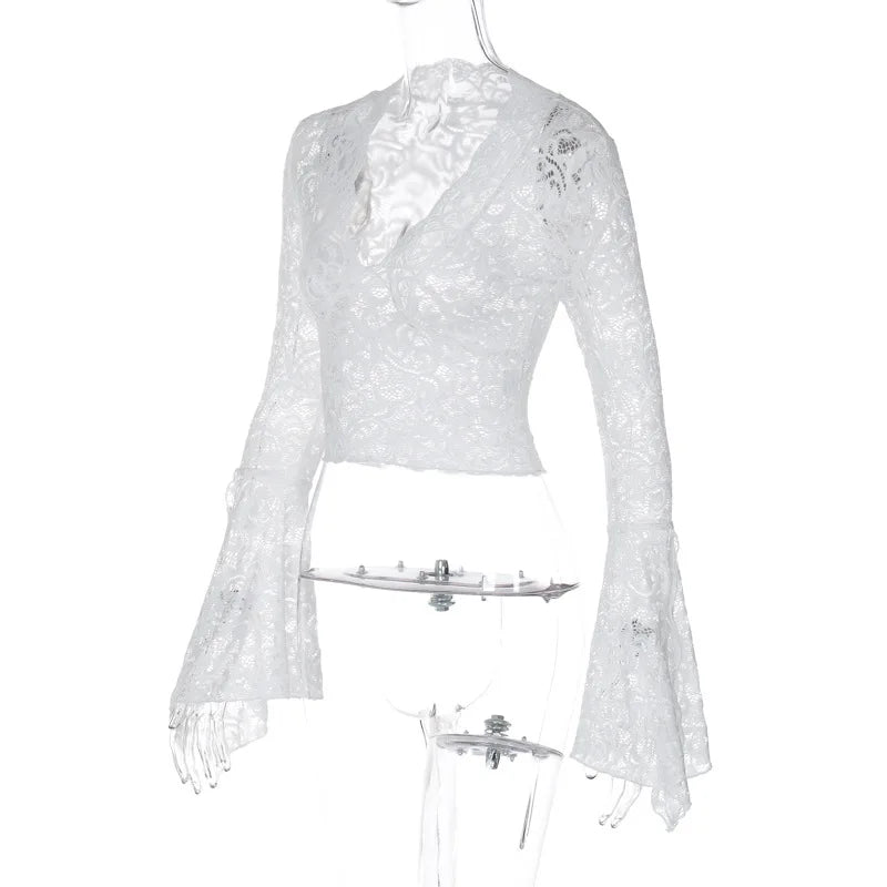 Aesthetic Lace Top Women Sexy Clothing See Through Deep V Neck Flared Long Sleeve T Shirts Party Clothes Clubwear