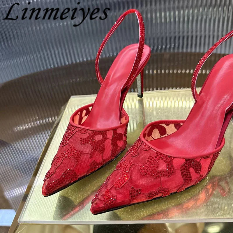 Rhinestone Mesh Pointed Toe Pumps