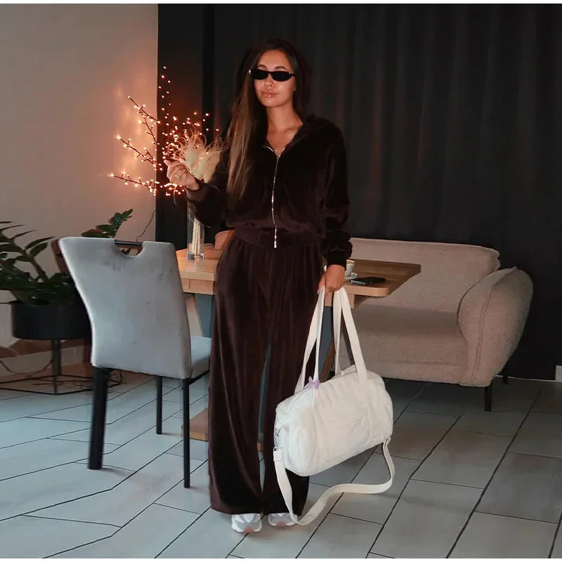 Chic Casual Velvet Hoodie Coat and Pants Set for Women