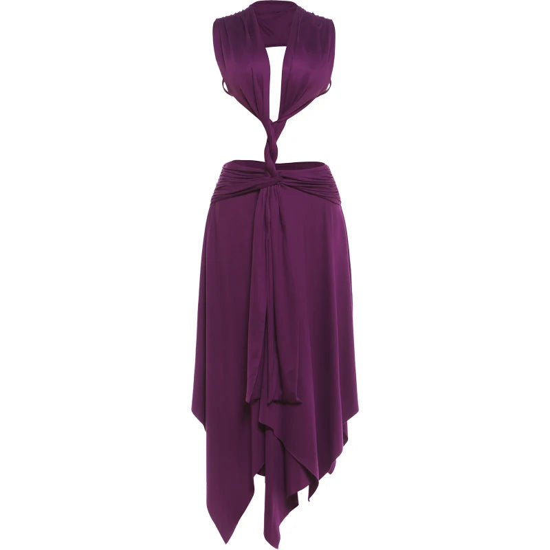 Hollow Design Low Neck Backless Ruched Long Dress for Women