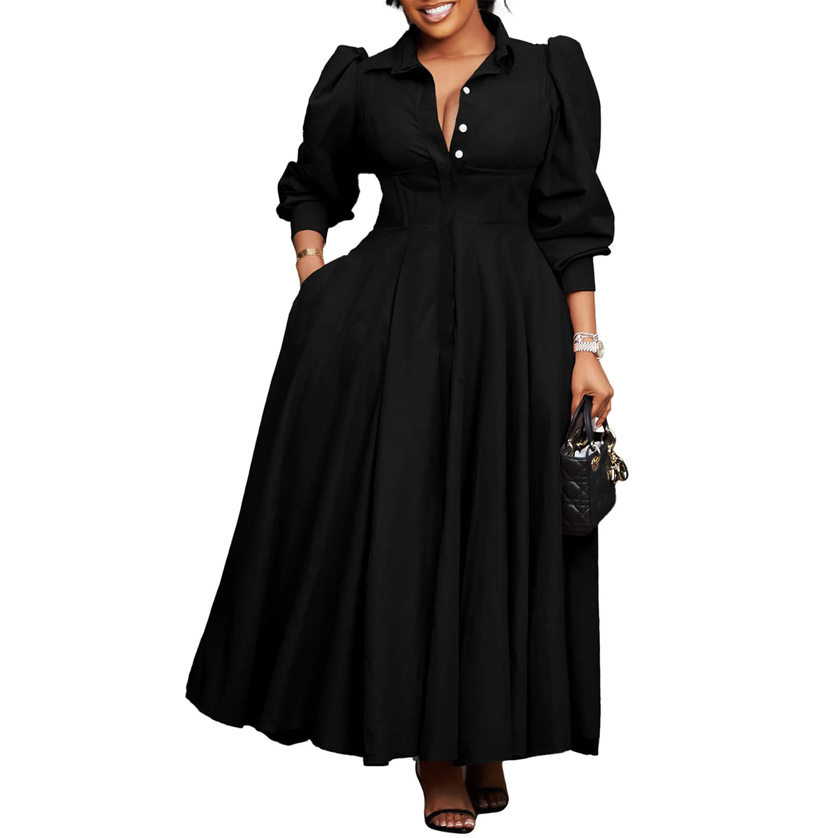 Plus Size V-Neck Long Sleeve Ankle-Length Dress for Women