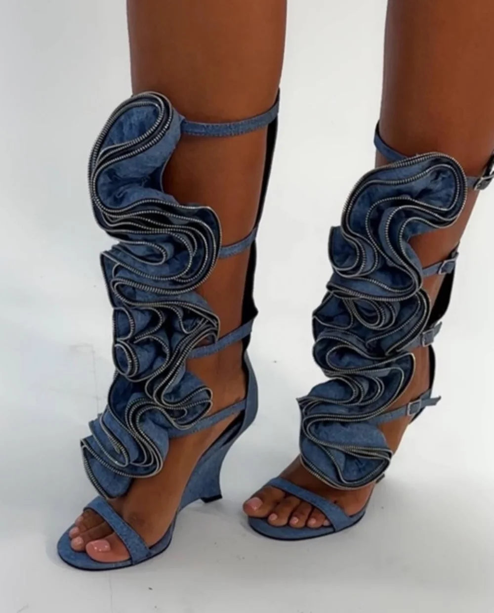 Light Blue Denim Wedge Sandals