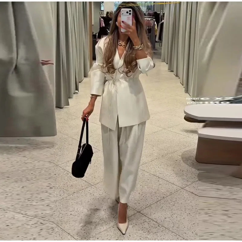 Lace Up Jacket and Wide Leg Pants Suit Set for Women