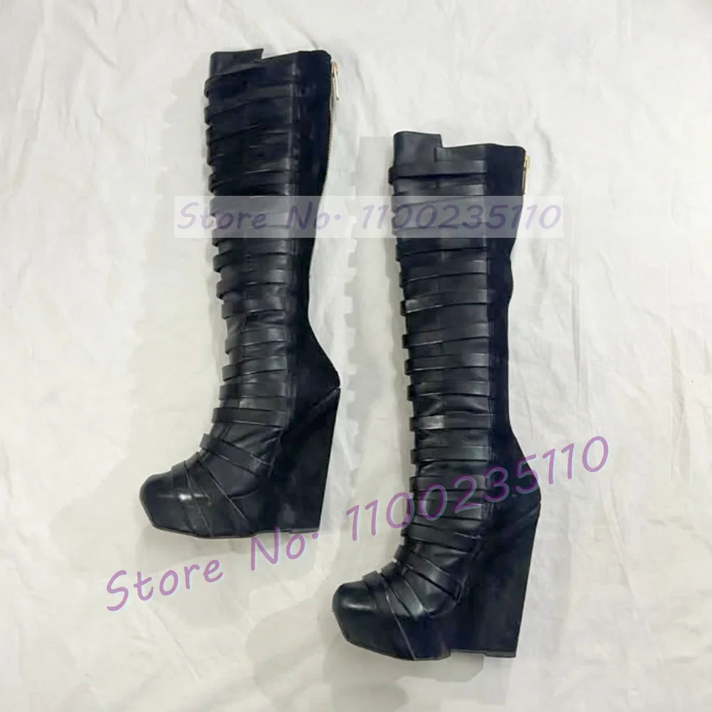 Chic Black Platform Wedge Knee High Boots for Women
